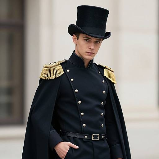 Photograph of a young man in a black military uniform with gold epaulets, black top hat, and black cape, standing confidently with one