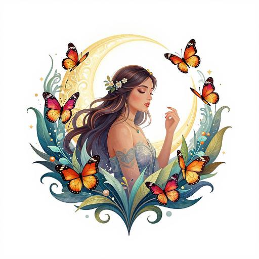 Digital art of a serene woman with long brown hair, flower crown, and off-shoulder dress, surrounded by orange butterflies and blue leaves, against