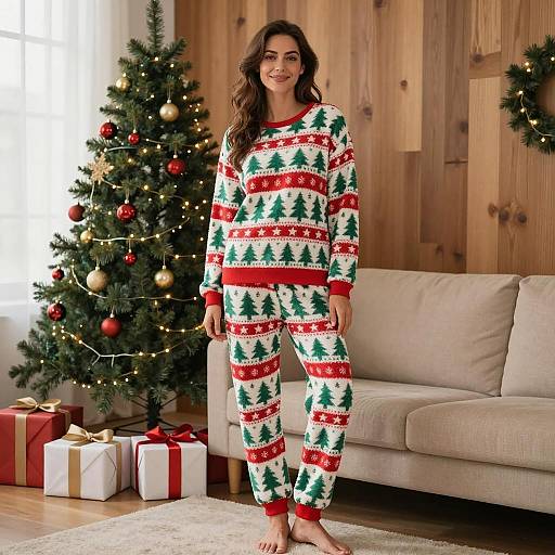 Woman in Festive Christmas Pajamas by Tree