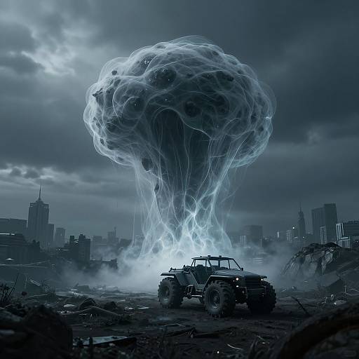 Digital artwork: Apocalyptic cityscape with a massive, glowing, cloud-like explosion above a rugged jeep, surrounded by rubble and dark, stormy sky