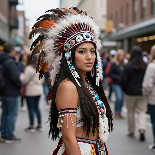 Photograph of a young woman with long black hair, wearing a colorful Native American headdress and traditional attire, standing in a bustling urban street. Bl