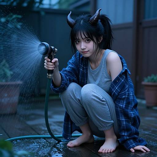Photograph of a young Asian girl with black horns, wearing a gray tank top and plaid shirt, squatting barefoot and watering a garden with