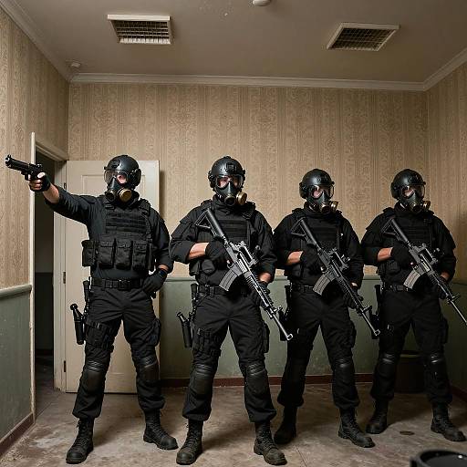 Tactical Soldiers in Dimly Lit Room