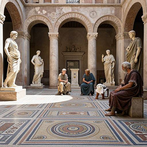 Photograph: Three elderly men in ancient robes, seated on stone benches, converse in a Roman-style courtyard with marble statues and mosaic floor. Arched