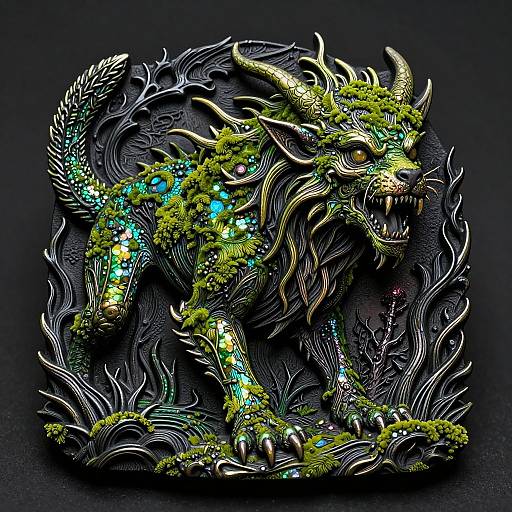 Digital art of a fierce, horned, dragon-like creature adorned with glowing turquoise and yellow gems, surrounded by intricate black metallic vines.
