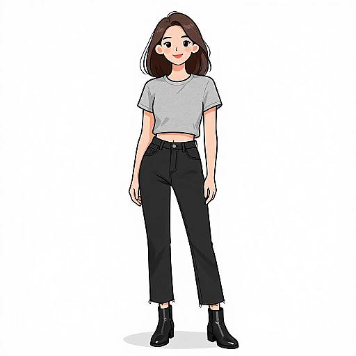 Digital illustration of a young woman with straight brown hair, wearing a gray crop top, black high-waisted pants, and black ankle boots, standing