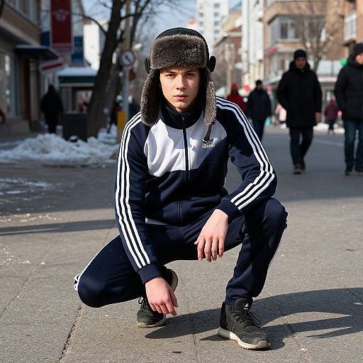 Photograph of a young man with pale skin, black fur hat, and black Adidas tracksuit, squatting on a snowy urban street.
