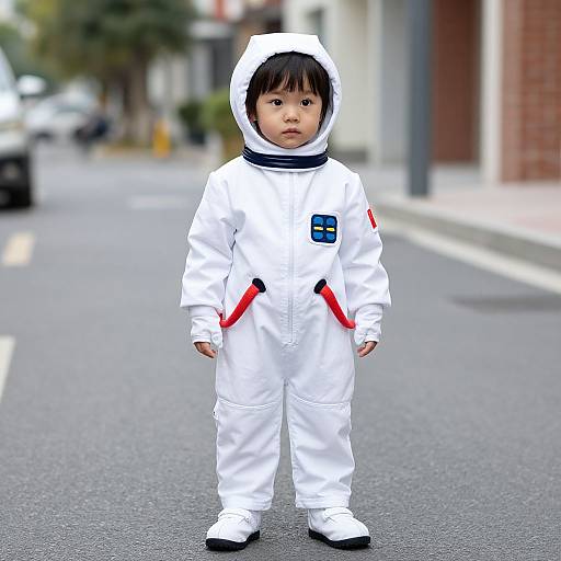 Photograph of a toddler in a white astronaut suit with red straps, standing on a suburban street, blurred background.