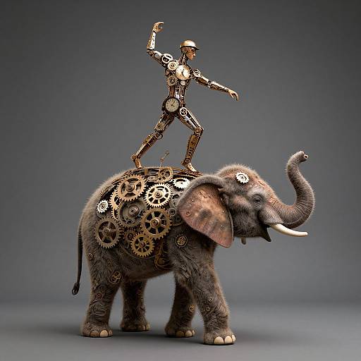 Photograph of a steampunk-style mechanical figure dancing on a gears-adorned, textured elephant against a gradient gray background.