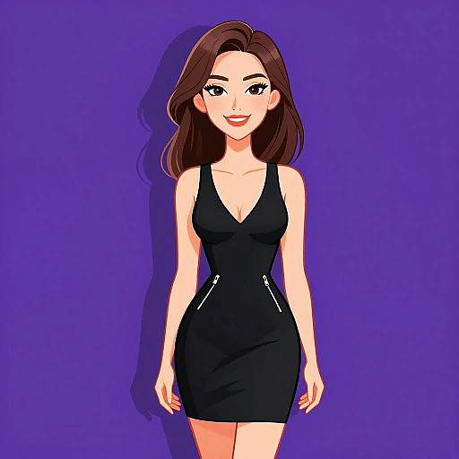 Digital illustration of a smiling woman with long brown hair, wearing a black sleeveless V-neck dress, standing against a solid purple background.