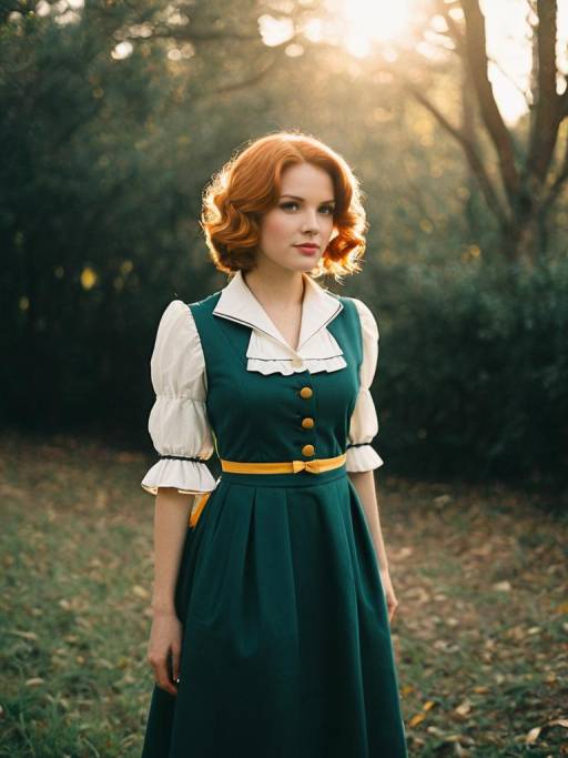 Woman in Vintage Green Dress with Yellow Belt Outdoors