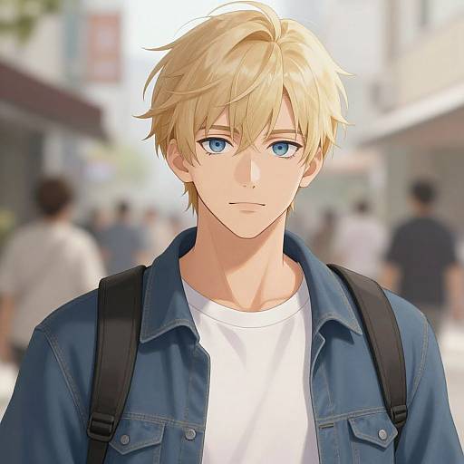 Anime-style digital drawing of a handsome blond boy with blue eyes, wearing a denim jacket, white t-shirt, and black backpack, standing in a blurred
