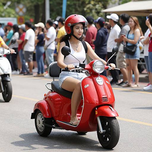 Photograph of an Asian woman with long black hair, wearing a red helmet, white tank top, and denim shorts, riding a red scooter on a