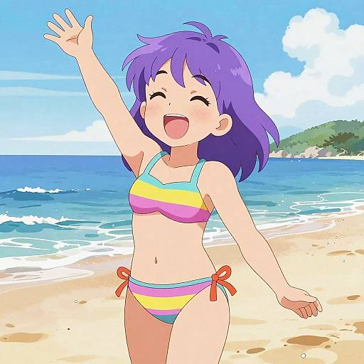 Anime-style digital drawing of a smiling girl with purple hair, wearing a colorful striped bikini, waving on a sunny beach with blue ocean and clear sky.