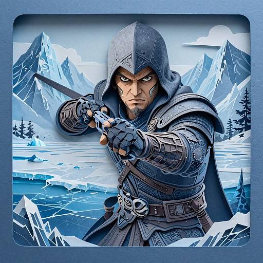 Digital art of a fierce, armored warrior with a hood, aiming a sword in a snowy, mountainous landscape. Blue and white hues dominate. Int