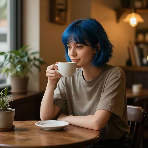 Cozy Café Moment with Blue-Haired Girl
