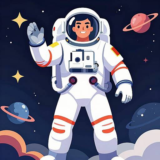 Colorful digital illustration of a smiling astronaut in a white spacesuit with red stripes, waving in a starry space with planets and rings.