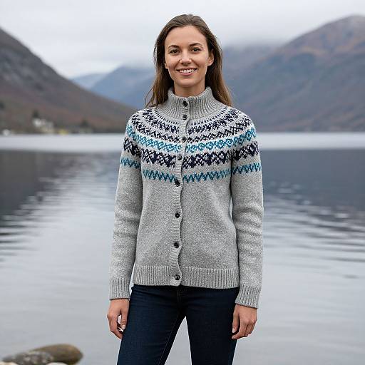 Photograph of a smiling woman with long brown hair, wearing a gray knitted sweater with blue and white patterns, standing by a calm lake with mist