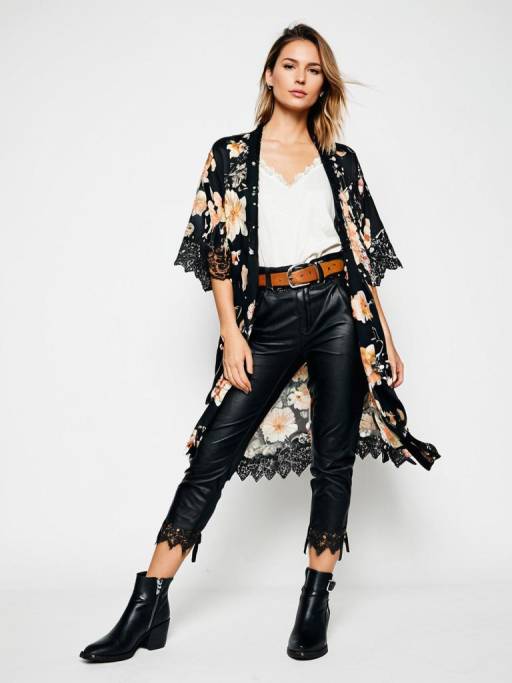 Woman in Floral Kimono and Leather Pants
