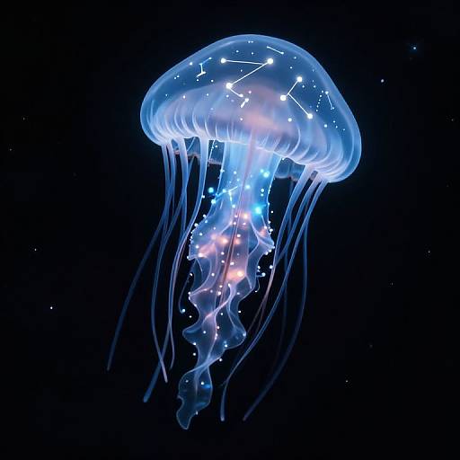 Digital illustration of a glowing, blue jellyfish with sparkling stars and constellations on its translucent dome, floating against a dark blue, starry background