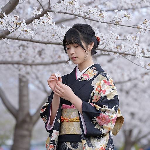 Photograph of an Asian woman with black hair in a floral kimono, gently holding cherry blossoms, standing amidst blooming trees.