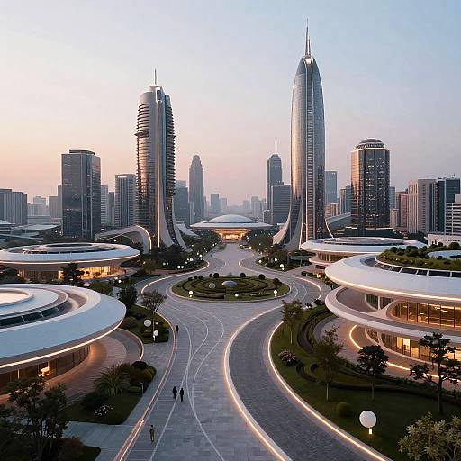 Dao-Inspired Futuristic Cityscape at Dusk