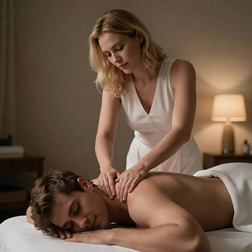 Intimate Warm-Lit Bedroom Couple Massage Photo