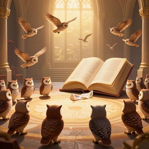 Digital art of nine owls with varied brown and white patterns, surrounding an open magical book, glowing in a sunlit, arched, stone chamber