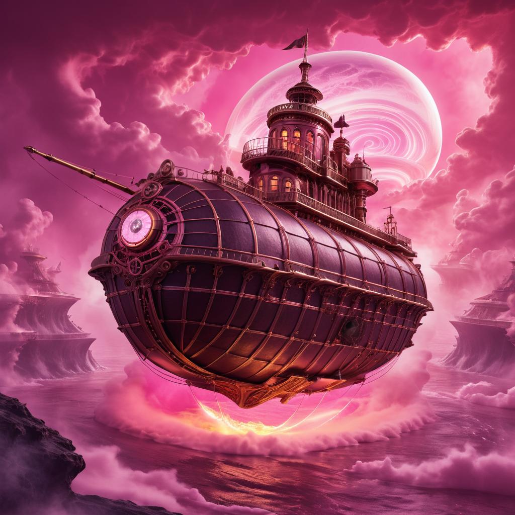 Steampunk Airship Over Molten Lava