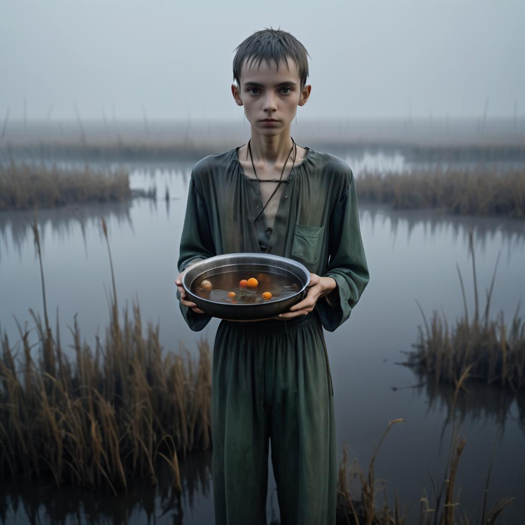 Emaciated Prisoner in Foggy Marsh Scene