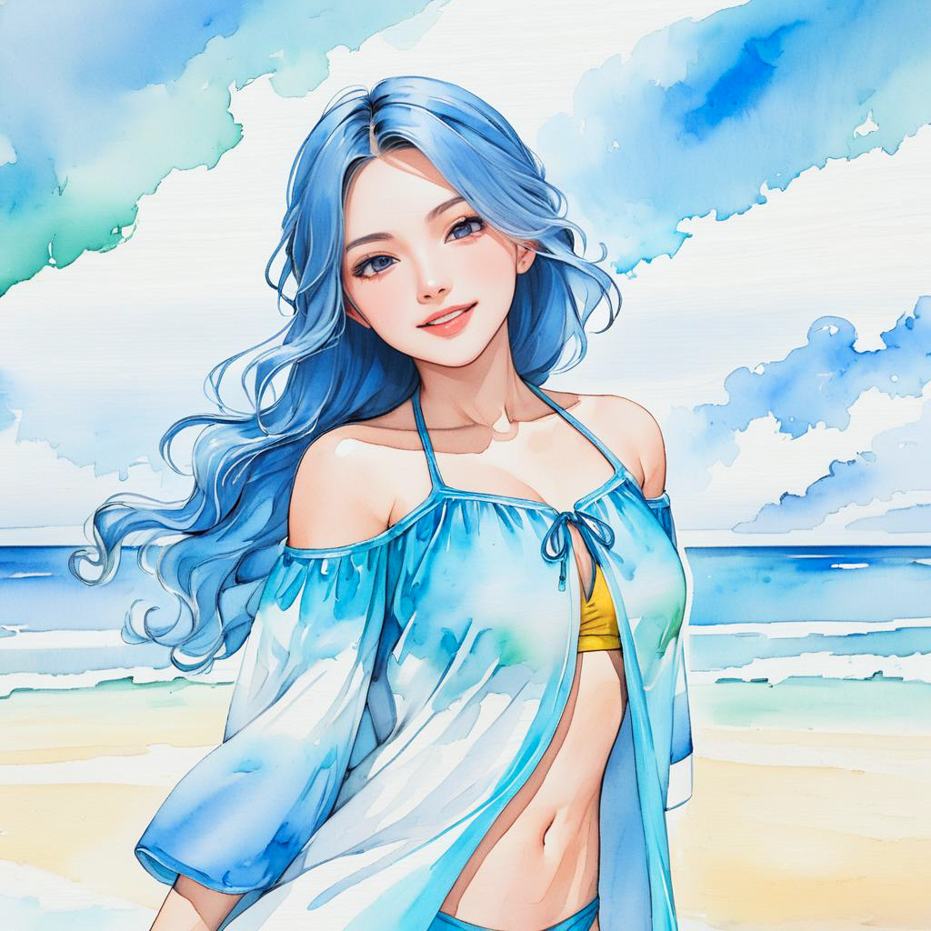 Cheerful Beach Scene with Young Woman