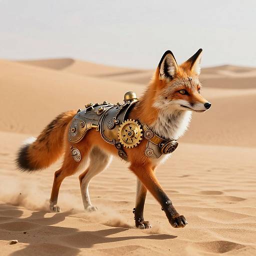 Digital artwork of a red fox in a desert, wearing steampunk-style, intricately designed metallic armor with gears and cogs, walking gracefully through