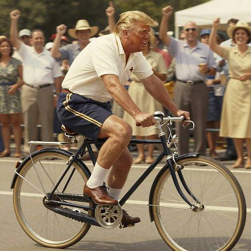 Photograph of elderly man with blonde hair, wearing white shirt, navy shorts, white socks, brown shoes, riding black bike, crowd cheering in background