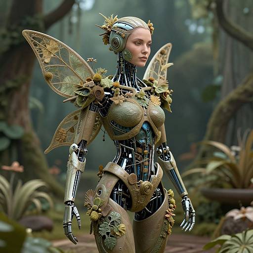Digital art of a futuristic, humanoid fairy with metallic and floral armor, intricate wings, and headset, standing in a lush, mystical forest.