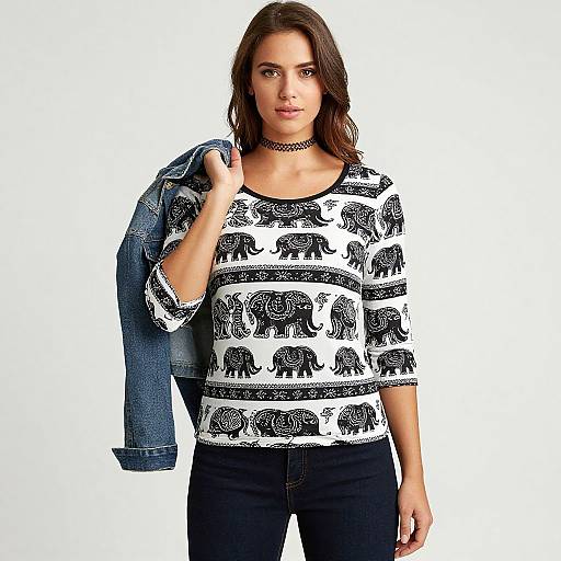 Stylish Woman in Elephant Print Top