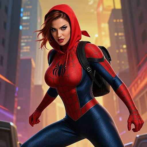 Photorealistic digital art of a red-haired woman in a Spider-Woman suit with a hood, backpack, and city skyline background.