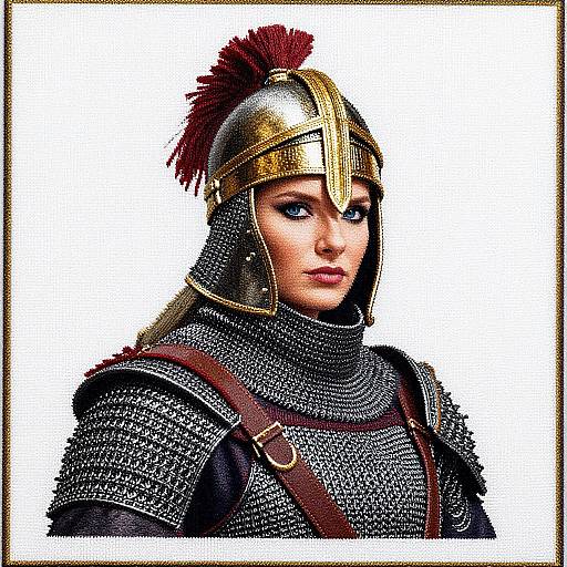 Digital painting of a fierce female warrior with blue eyes, wearing a gold helmet with a red plume, and medieval chainmail armor, set against a