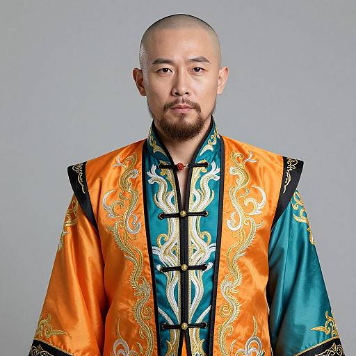 Photograph of a bald, bearded Asian man with a serious expression, wearing an ornate orange and teal silk robe with intricate gold embroidery, against