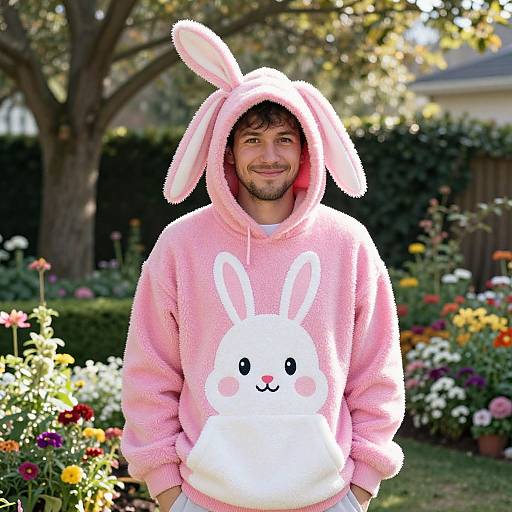 Cheerful Man in Vibrant Bunny Hoodie