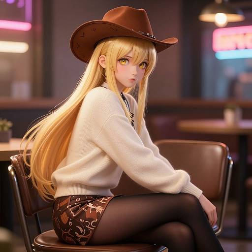 Digital anime-style artwork of a blonde woman with yellow eyes, wearing a brown cowboy hat, white sweater, black patterned skirt, and black tights