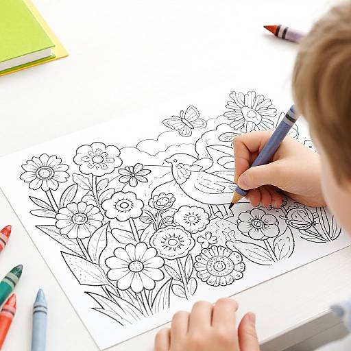 Photograph of a child's hand drawing a black-and-white floral pattern with a blue pen, surrounded by colorful crayons and a yellow book.