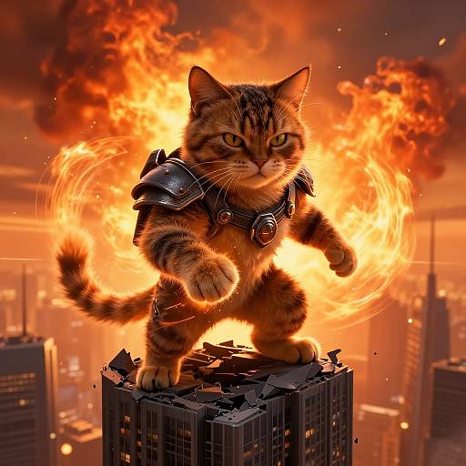 Digital art: Brave tabby cat with armor on rooftop, fiery cityscape background, fierce expression, clenched paw, dynamic flames, urban chaos.