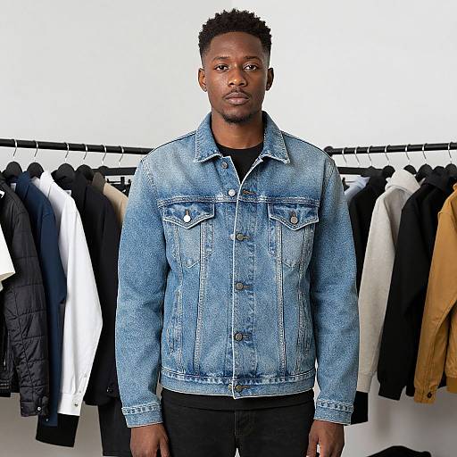 Photograph of a tall, muscular Black man with short curly hair, wearing a light blue denim jacket and black pants, standing in front of a clothing