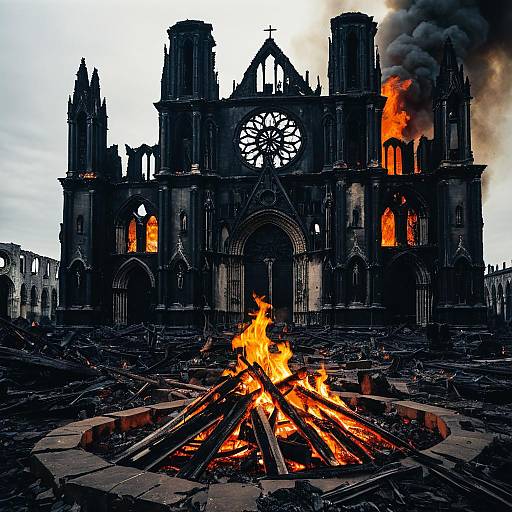 Burning Gothic Cathedral Ruins with Fire Pit