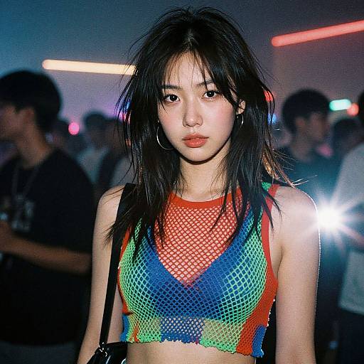 Photograph of an Asian woman with straight black hair, wearing a colorful mesh crop top, standing in a dimly lit, neon-lit crowd.