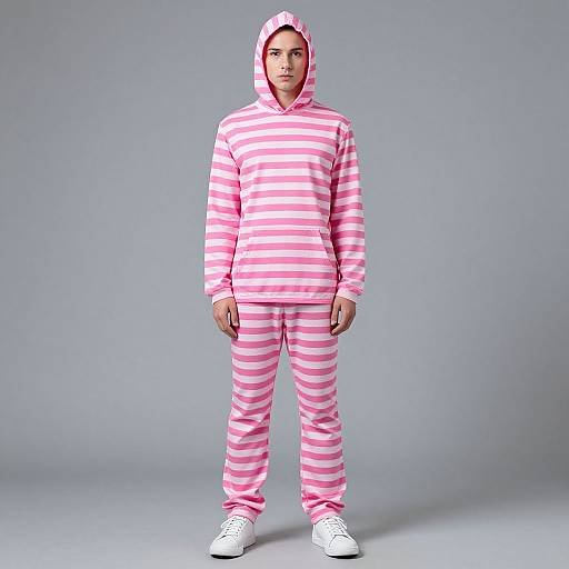 Photograph of a young man standing against a gray background, wearing a pink and white striped hooded sweatshirt and matching pants, with white sneakers.