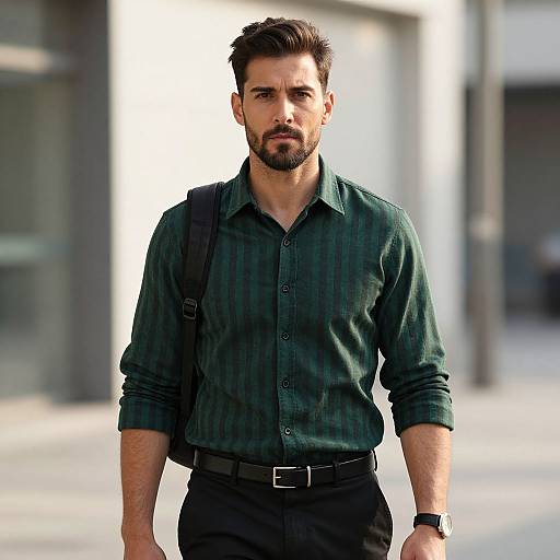 Photograph of a handsome, bearded man with dark hair, wearing a green striped shirt, black pants, and a black backpack, standing in a