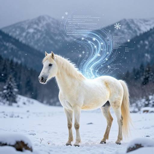 Cream Horse with Energy Waves in Snowy Valley