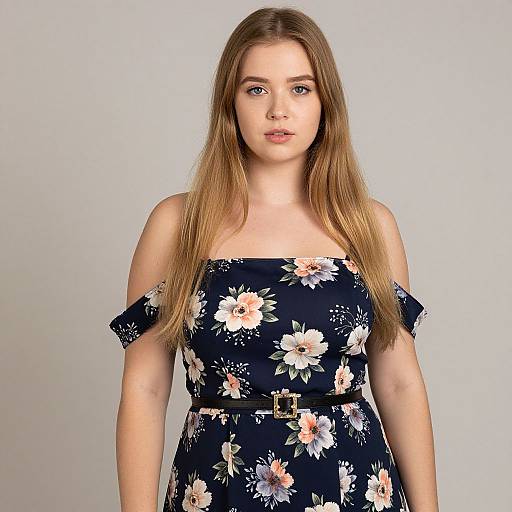 Photograph of a young woman with long, straight brown hair, wearing a navy off-shoulder floral dress, light skin, and a neutral expression