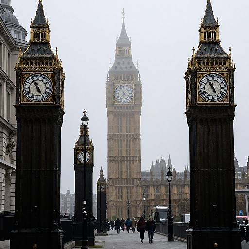 Photograph of London's Big Ben with foggy background, flanked by two black clock towers with gold detailing, people walking below.